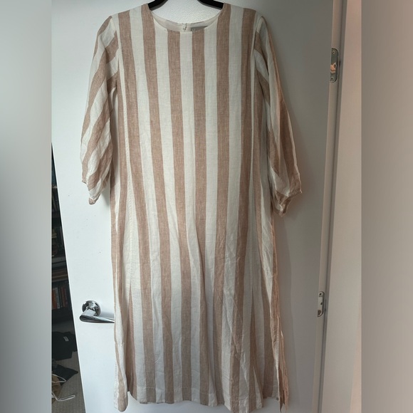 NWT Everlane linen striped midi dress with sleeves, size 2, tan and cream - Picture 1 of 12